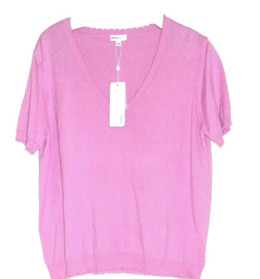 Minnie Rose Cotton Cashmere Frayed V-Neck Top Size L Resberry New